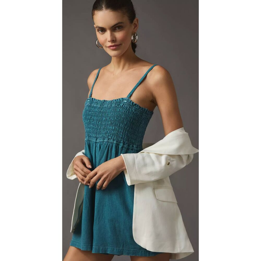 Anthropologie Pilcro Linen Romper Womens Large Blue Sleeveless Ruched One Piece